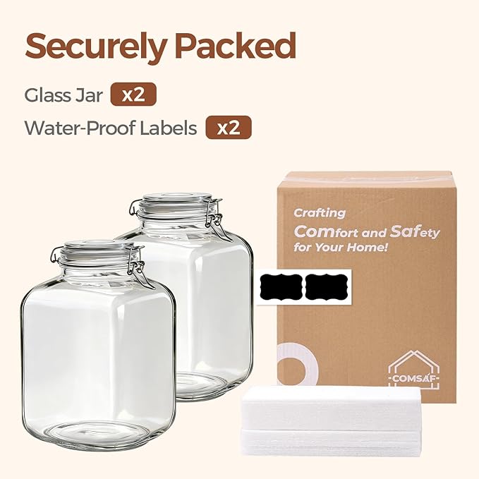ComSaf Rice Container 5L, Flour Sugar Storage Containers, Glass Jars with Airtight Lid, 1.3 Gallon Mason Jar, Large Storage Containers with Lids for Pickled Egg, Pasta, Cereal, Beans, Set of 2