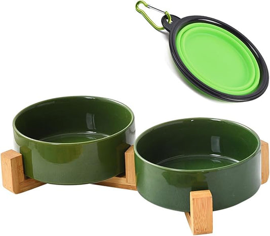Petygooing Ceramic Dog Cat Bowl Set with Stand, Pet Food and Water Dishes,Medium Pet Bowl Anti -Slip Set of 2 Cat Dish-Pet Food Bowls Small Medium Size Dog (28OZ/6.1 in) Rust Green