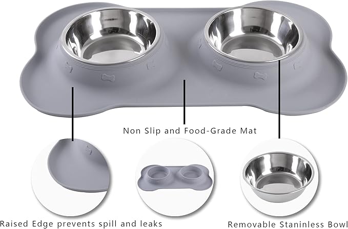 Hubulk Pet Dog Bowls 2 Stainless Steel Dog Bowl with No Spill Non-Skid Silicone Mat + Pet Food Scoop Water and Food Feeder Bowls for Feeding Small Medium Large Dogs Cats Puppies (Extra Large, Gray)