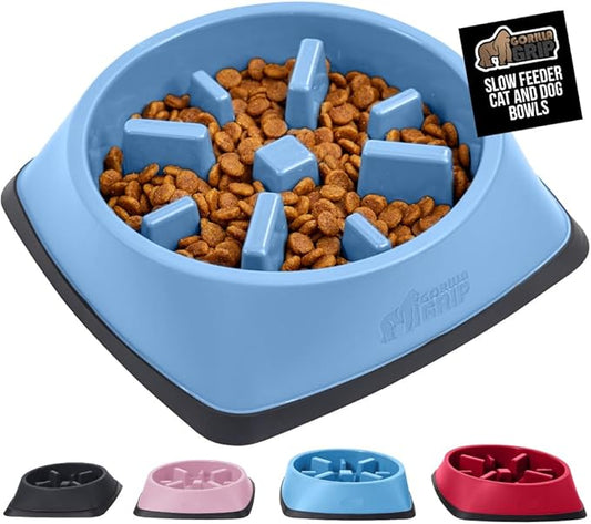 GORILLA GRIP Patented BPA Free Slow Feeder Dog Bowls, Interactive Puzzle Toy for Dogs and Cats Food Training Enrichment, Keeps Pets Busy and Prevents Puppy Overeating, All Breeds, 2 Cup, Light Blue