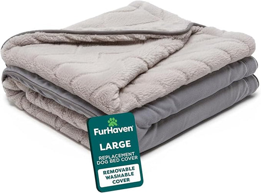 FurHaven Dog Bed Cover Replacement, Sofa-Style Design with Soft, Breathable Fabric for Cozy Comfort, Machine Washable, Large, Plush & Velvet, Granite Gray