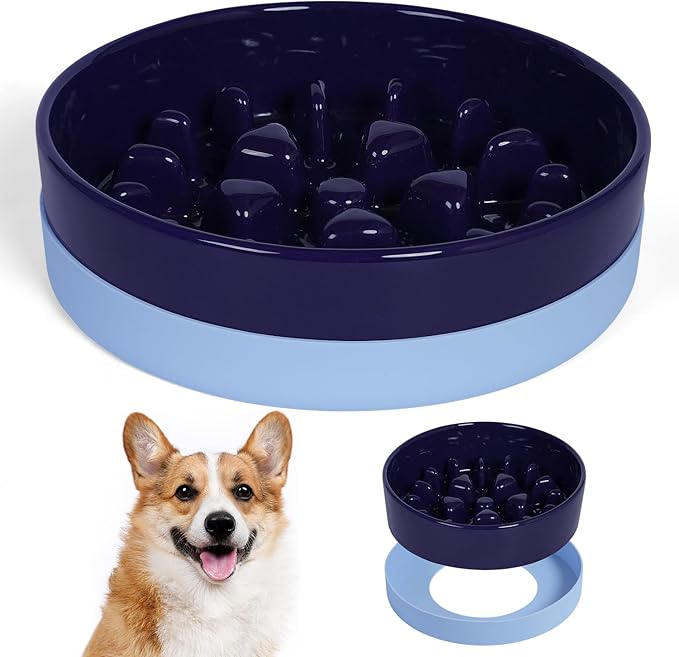 Sted Ceramic Slow Feeding Dog Bowl with Silicone Base, Small Medium Breed, Slow Down Eating, Puzzle Dog Food Bowl, Maze Blue