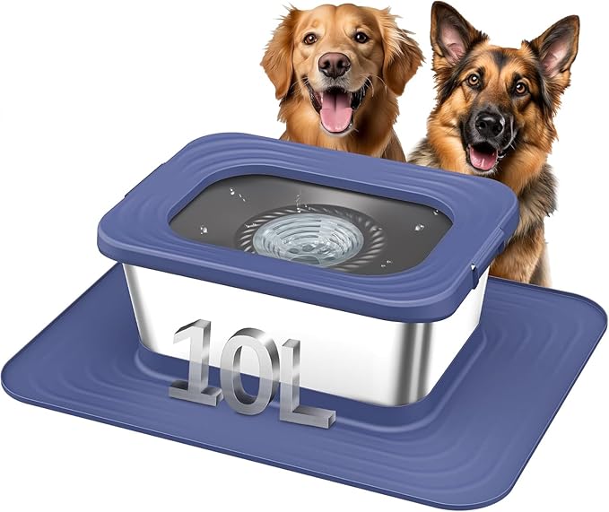 Decflow 10L Stainless Steel Dog Water Bowl, No Spill Anti-Splash Dog Bowls with XXL Silicone Mat, Spill-Proof Slow Feeder for Messy Drinkers, Heavy Duty Pet Bowls for Indoor/Outdoor Use Blue