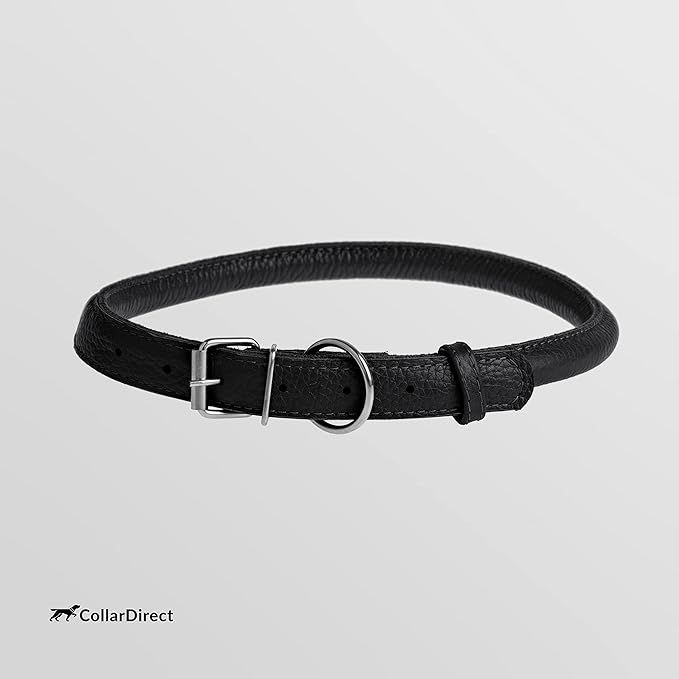 CollarDirect Rolled Leather Dog Collar, Soft Padded Round Puppy Collar, Handmade Genuine Leather Collar Dog Small Large Cat Collars 13 Colors (11-14 Inch, Black Textured)
