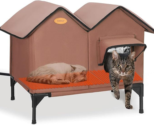Heated Cat House for Outside in Winter Insulated Elevated Outdoor Cat House Weatherproof, Escape Door, Large Feral Cat Shelter Heated Bed for 2~3 Cats Stray Barn Kitty, Easy Assembly