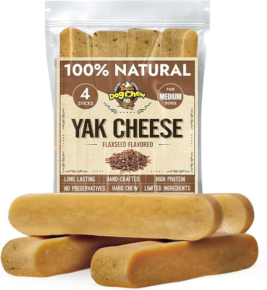 Tibetan Yak Cheese Dog Chew Sticks (4 Medium Chews) Flaxseed Flavored - Natural, Handmade, Long-Lasting, Easy to Digest, Ideal for Medium Dogs and Aggressive Chewers, Rawhide, Grain and Gluten Free