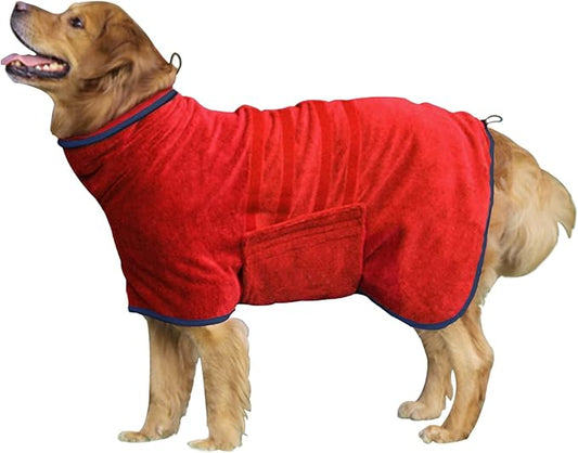 Dog Drying Coat - Fast Drying Dog Towel Robe - Microfiber Super Absorbent Pet Bathrobe, Adjustable Collar & Belly Strap Fast Drying Bath Robe Towel (Large, Red)