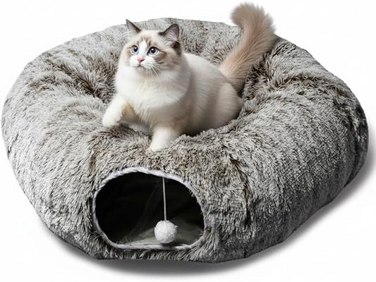 AUOON Cat Tunnel Bed for Indoor Cats - Large Cat Donut Tunnel with Hanging Ball Toy, Collapsible 2-in-1 Multifunctional Interactive Cat Toy for Kitten, Puppy, Rabbit, Ferret (Brown)