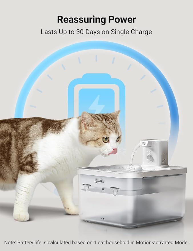 DownyPaws Battery Operated Cat Water Fountain, 84oz/2.5L Fursink Wireless Pet Water Fountain for Cats Inside, Automatic Dog Water Dispenser with Motion Sensor, Ultra Quiet Pump, BPA-Free, White