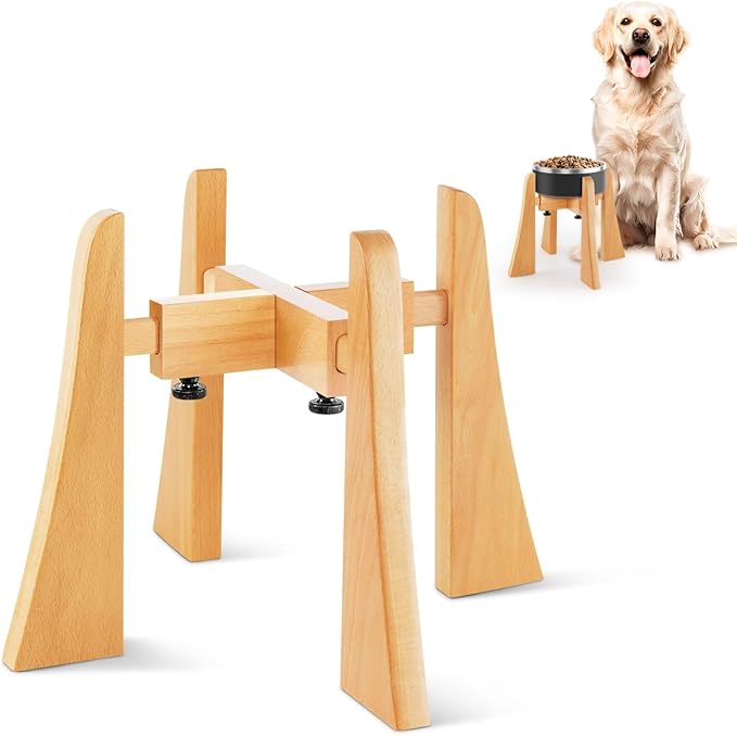 Beech Dog Bowl Stand for Medium Large Dogs,Elevated Dog Bowl Large Breed,Raised Bowl Stand，Adjustable Width for Different Bowls,Feeding Station with Non-Slip Feet (10-inch High)
