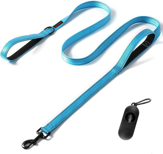 Heavy Duty Dog Leash with Double Handles - 6FT Reflective Anti-Pull Training Lead for Large Dogs, Padded Handle Durable Nylon Leash (Blue)
