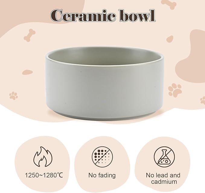 SPUNKYJUNKY Raised Ceramic Dog Bowls Set with Non-Slip Acacia Wood Stand for Large Sized Dog(60.87 OZ, Gray)