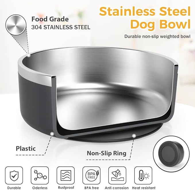 IKITCHEN Dog Bowl for Food and Water, 40 Oz Stainless Steel Pet Feeding Bowl, Durable Non-Skid Insulated Heavy Duty with Rubber Bottom for Medium Large Sized Dogs (40 Ounces/5 Cup, Grey)