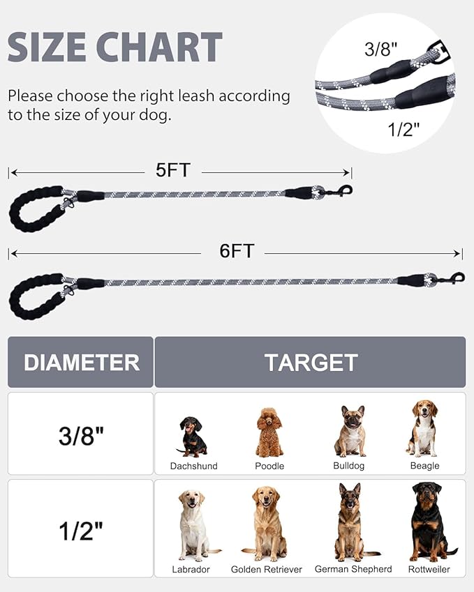 Joytale Dog Leash for Large Dogs, Heavy Duty Nylon Leashes with Comfortable Padded Handle and Highly Reflective Threads, Ideal for Walking and Training, Gray, 5'횞1/2''