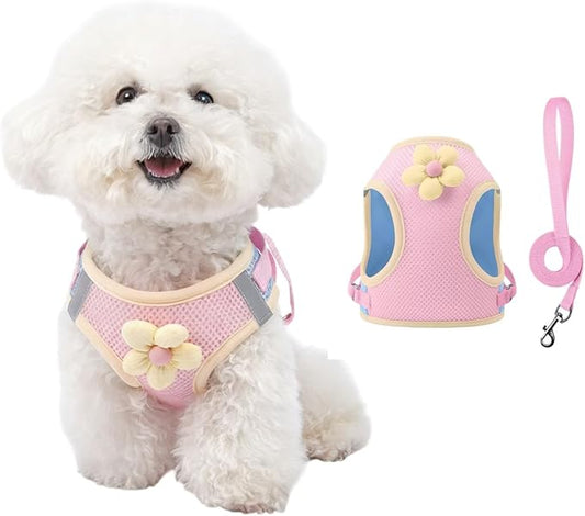 Floral Mesh Dog Harness with Matching Leash, Lightweight Pet Vest,Suitable for Small and Medium-Sized Cats and Dogs to Wear， Pink/Yellow (Pink, M:12-15lbs)