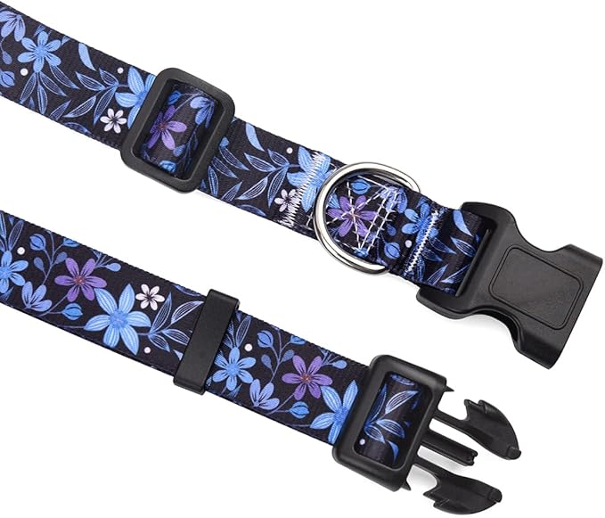 Dog Collar with Bohemia Floral Tribal Geometric Patterns - Soft Ethnic Style Collar Adjustable for Small Medium Large Dogs(Floral Blue,M)