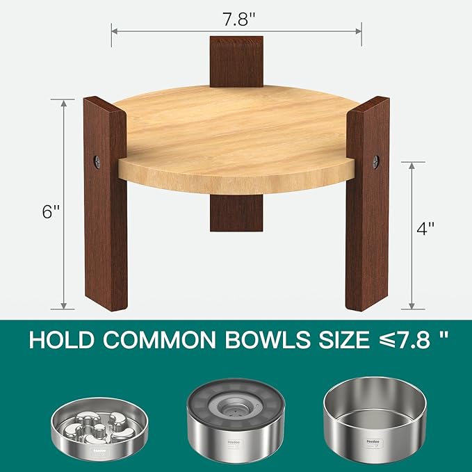 Elevated Dog Bowl Stand, 6'' Height Raised Stand for Medium&Small Dogs, Includes 2Cups Stainless Steel Slow Feeder Dog Bowl, Durable Solid Hardwood