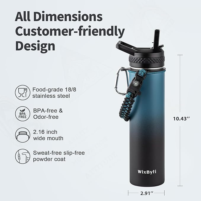 24 oz Insulated Water Bottle with Straw (Cold for 48 Hrs), Stainless Steel Triple Wall Vacuum Sports Water Jug, Leakproof Hydro Cup Flask with Paracord Handle & Straw Spout Lids & DIY Stickers