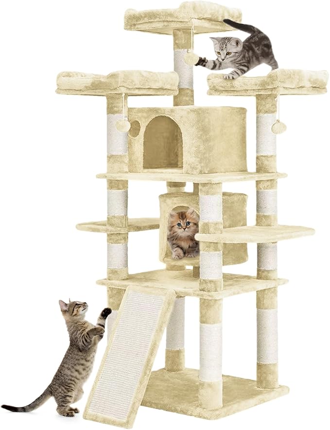 67 Inch Indoor Cat Tree/Multi-Tier Large Cat Climbing Shelf for Big Cats/Tower with Condo/Cozy Plush Perch/Corner Cat Climbing Tree/Sisal Scratching Post and Hammock (Beige)