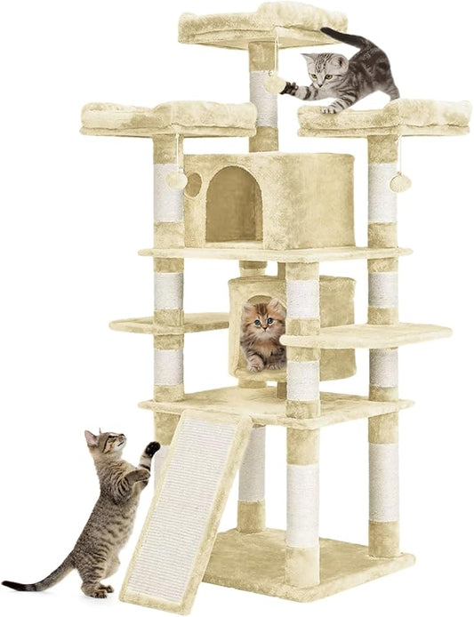 67 Inch Indoor Cat Tree/Multi-Tier Large Cat Climbing Shelf for Big Cats/Tower with Condo/Cozy Plush Perch/Corner Cat Climbing Tree/Sisal Scratching Post and Hammock (Beige)