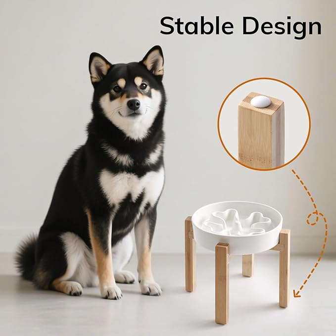 Slow Feeder,Ceramic-Slow Feeder Dog Bowls Elevated for Medium Breed,2.5 Cups Slow Feed Dog Bowl with Stand,White