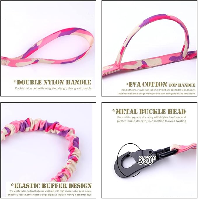 Xqpetlihai Tactical Dog Collar and Leash Set Adjustable Military Nylon Dog Collar with Control Handle and Heavy Duty Metal Buckle for Large Dogs （Pink Camo XXL