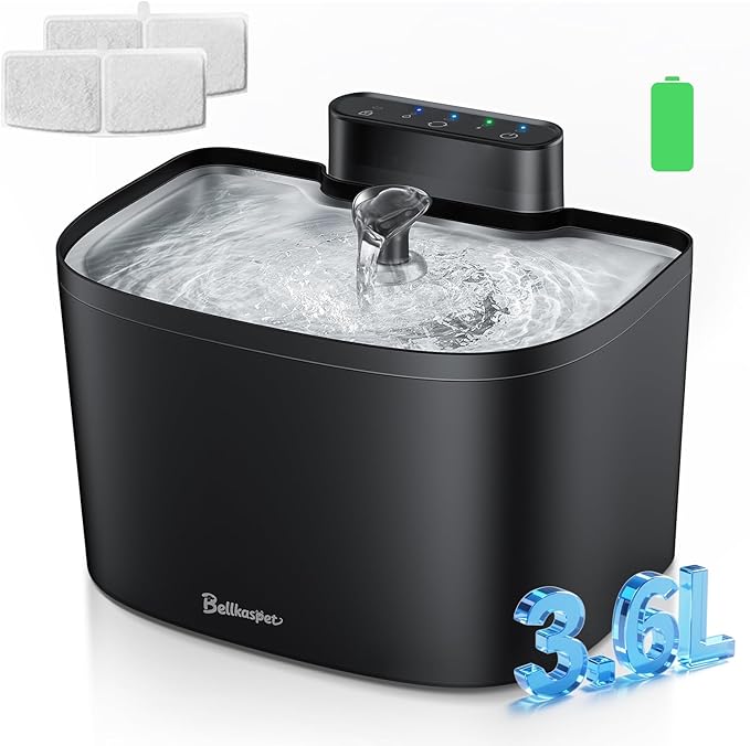 Cat Water Fountain, 122oz/3.6L Pumpless Wireless Cat Fountain, Cordless Water Fountains for Cats Indoor, Dog Pet Water Fountain Battery Operated with Stainless Steel Tray (Black, Fountain+2 Fliters)