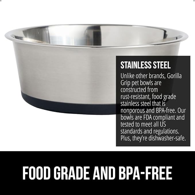 GORILLA GRIP Set of 2 Dog Bowls, Holds 8 Cups (64 fl oz), Heavy Duty Metal Food and Water Bowl for Feeding Dogs and Cats, Dishwasher Safe, Rust Resistant Stainless Steel, BPA Free Rubber Base, Black