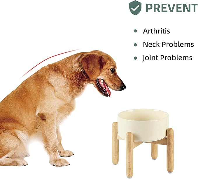Ceramic 7.3inch Raised Dog Bowl Set, Elevated with Wooden Stand, Food and Water Bowl for Medium Breed Dogs, Weighted Dog Dishes, Pet Feeder(Beige)