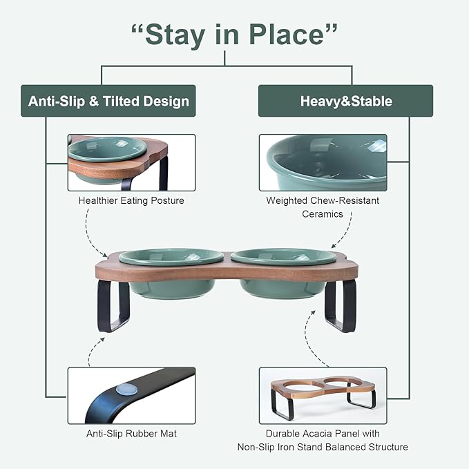 SPUNKYJUNKY Ceramic Elevated Tilted Dog Bowls Bone-Shaped Raised with 2 Height Iron Stand, 4.9'' Dog and Cat Food Water Bowls Set Non-Slip for Puppy Kitten Small Sized Breed - 7 OZ,Dark Green