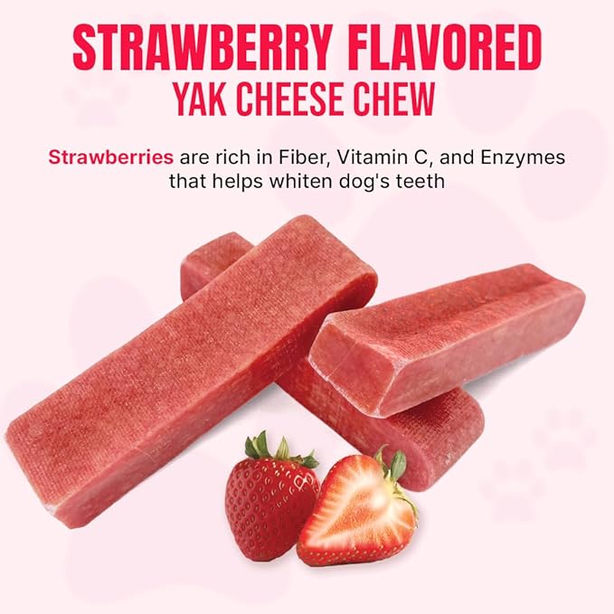 Tibetan Yak Cheese Dog Chew Sticks (4 Medium Chews) Strawberry Flavored - Natural, Handmade, Long-Lasting, Easy to Digest, Ideal for Medium Dogs and Aggressive Chewers, Rawhide, Grain and Gluten Free