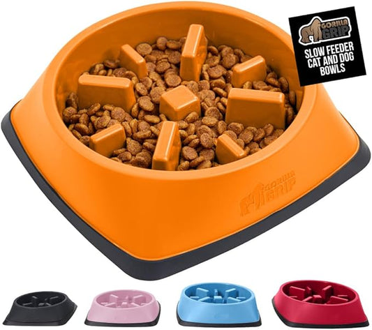 GORILLA GRIP Patented BPA Free Slow Feeder Dog Bowls, Interactive Puzzle Toy for Dogs and Cats Food Training Enrichment, Keeps Pets Busy and Prevents Puppy Overeating, All Breeds, 2 Cup, Orange