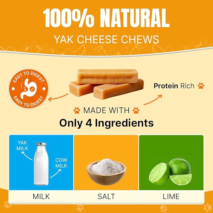 Tibetan Dog Chew Yak Cheese Sticks (15 Large Chews) - Natural Handmade Treats for Large Dogs, Long-Lasting, Easy to Digest with No Additives, Rawhide, Grains or Gluten, Perfect for Aggressive Chewers