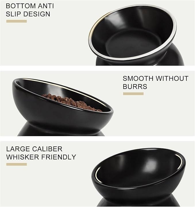 YauYik Cat Bowls Anti Vomiting, Raised Cat Food Bowls, Tilted Elevated Cat Bowl, 10 Oz Ceramic Pet Food Bowl for Flat Faced & Short Leg Cats, Small Dogs, Dishwasher Safe (Black, 2 Pack)