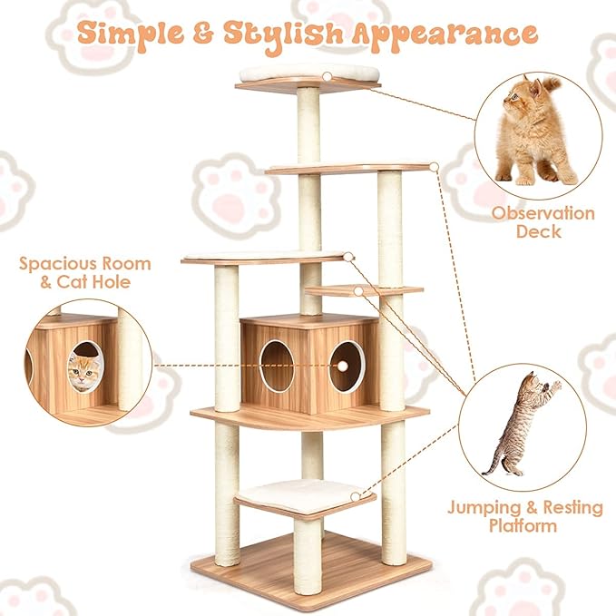 Tangkula Tall Cat Tree, 69-Inch Modern Cat Tower with Sisal Rope Scratching Posts, Wood Cat Tree with Multi-Layer Platform, Cat Condo Furniture with Washable Cushions for Indoor Cats Large Adult