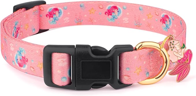 Handmade Dog Collar for Small Medium Large Dogs,Pink Mermaid with Pendant Fall and Winter Fashions Dog Collar (Large)