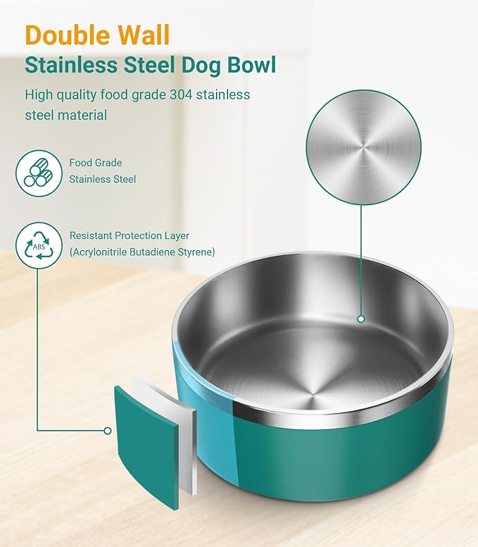 Dog Bowl, Stainless Steel Dog Food and Water Bowl with Non Slip Quiet Bottom, Easy to Clean, Dishwasher Safe, 40oz, Deep Green