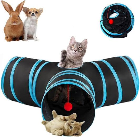 Cat Tunnel Tube Toy Collapsible 3 Way Black Blue, Pet Tunnels for Indoor Cats, Play Tubes with Hanging ball Perfect for Kitten, Puppy, Rabbit, Interactive Toys for Fun Playtime & Exercise