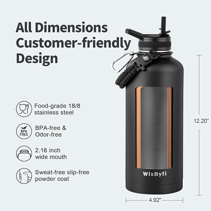 87 oz Insulated Water Bottle with Straw (Cold for 48 Hrs), Half Gallon Stainless Steel Triple Wall Vacuum Sports Water Jug, Leakproof Hydro Cup Flask with Straw Spout Lids & DIY Stickers