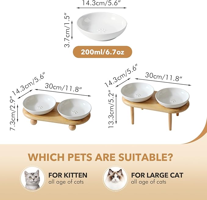 Raised Ceramic Wide Whisker Friendly Cat Dishes, Anti-Slip Food& Water Bowl with 2 Style Stand Adjustable Pet Bowl Set(2Dish+Stand, White)