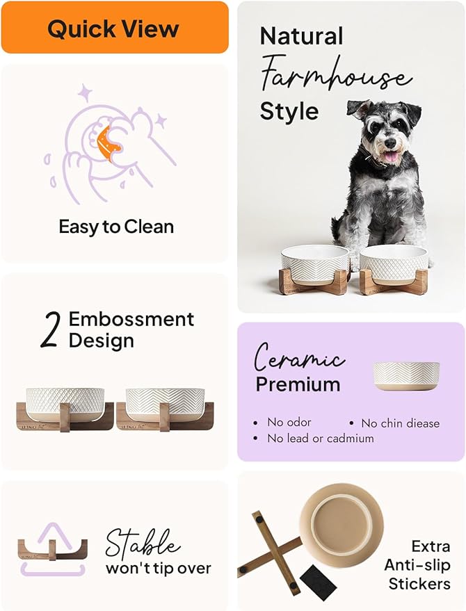 LE TAUCI PET Ceramic Dog Bowl Set, 4 Cups Food and Water Bowl for Medium Small Dogs, Cute Pet Dishes with Wood Stand, Rhombus+Wave Design (Set of 2)