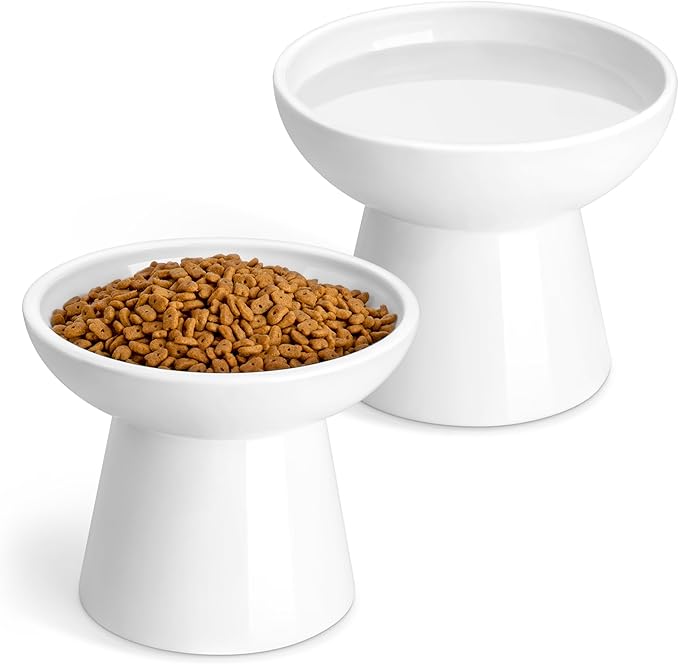 vancasso Elevated Cat Bowls 2-Pack, Ceramic Raised Cat Food and Water Dishes with 5.1" Height & 6.2" Wide Opening - Anti Vomit, Whisker Fatigue Relief for Senior Cats, and Small Dogs (White)