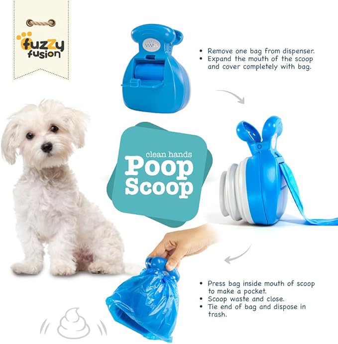 Dog Poop Scoop with Waste Bag Dispenser - BLUE, 10 Refill Bags and Expandable Silicone Body - Compact Portable Design for Easy Storage by Fuzzy Fusion (A Grand Fusion Company) (Blue)