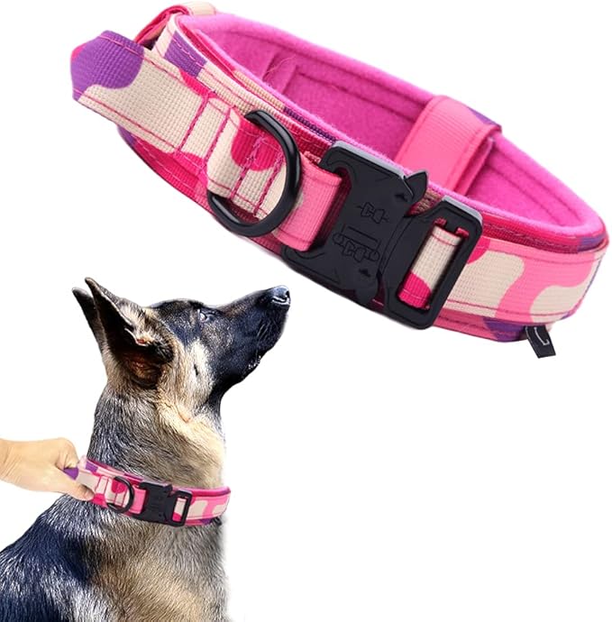 Tactical Military Dog Collar - Adjustable Nylon, Heavy Duty Metal Buckle With Handle for Training (Pink Camo, M)