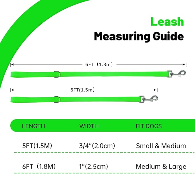 Waterproof Dog Leash, 5/6 FT Durable Odor-Proof Dog Leashes with Strong Metal Hooks Fits Small Medium or Large Dogs (Green, 6FT - 1 inch Width)