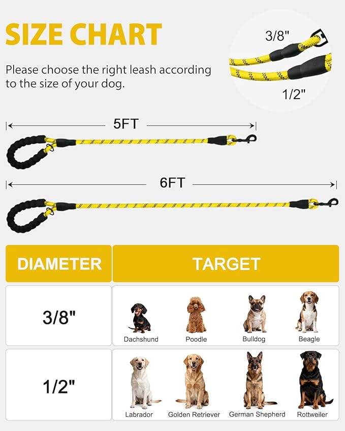 Joytale Dog Leash for Small Dogs, Heavy Duty Nylon Leashes with Comfortable Padded Handle and Highly Reflective Threads, Ideal for Walking and Training, Yellow, 5'횞3/8''