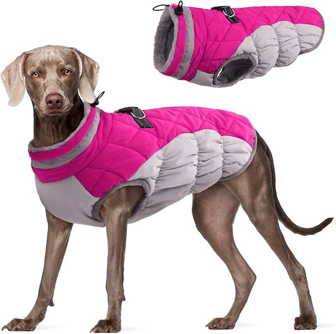 FUAMEY Dog Coat for Large Dogs,Waterproof Dog Winter Jacket with Harness Built in Puppy Cold Weather Coats Reflective Pet Vest with Zipper Warm Fleece Dogs Snowsuit Windproof Pink L
