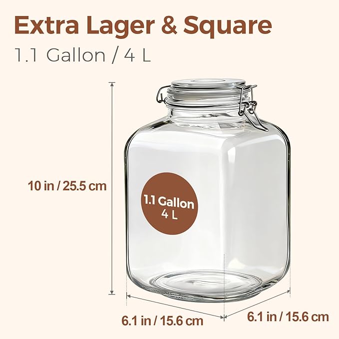 ComSaf 1.1 Gallon Glass Jar with Lid, Flour Sugar Storage Containers 4L, Cereal containers storage, Glass Jars with Airtight Lid, Large Storage Containers with Lids for Pickled Egg, Herb, Set of 2