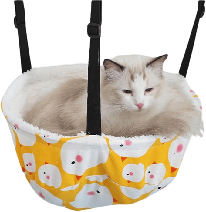 Warm Cat Hammock Lounge Hanging Bed for Cage Kennel Chair with Metal Frame, Adjustable Straps, Reversible Cat Bed, Machine Washable, Suitable for All Seasons (Yellow,Small)