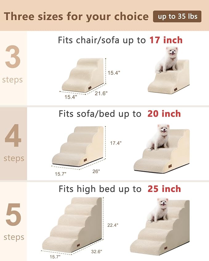 Dog Stairs for High Bed,5 Step Dog Ramp for Small and Medium Dogs,Pet Stairs with Non-Slip Bottom for Puppy, Older Cat,Indoor Pet Steps,Comfort,Durable,22.4" H,Beige